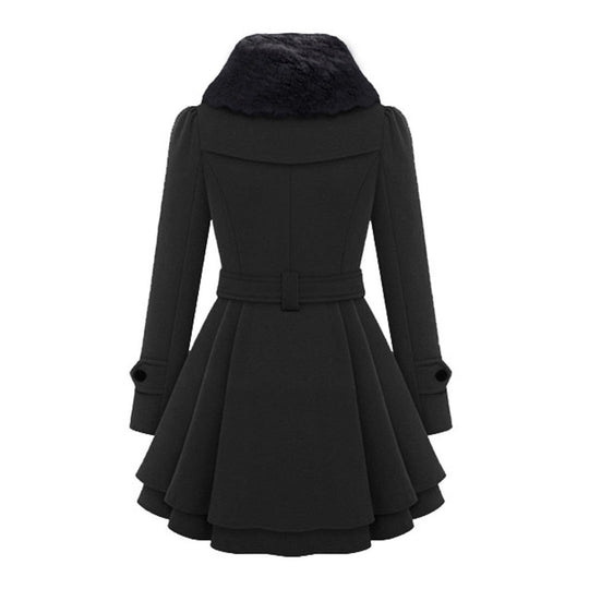 Women’s Double Breasted Belted Coat with Faux Fur Collar