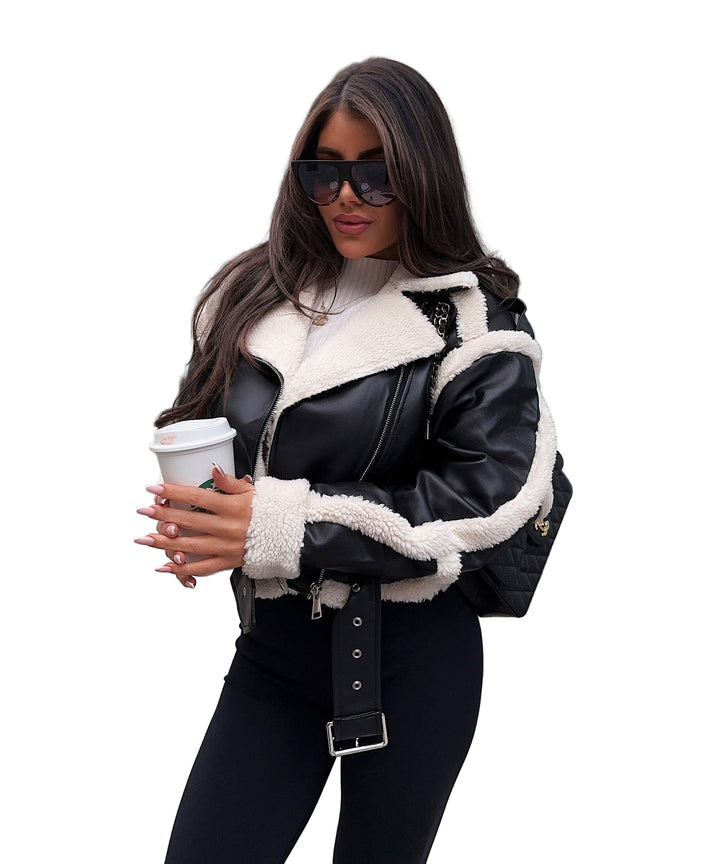 Women’s Faux Leather Aviator Jacket with Shearling Trim