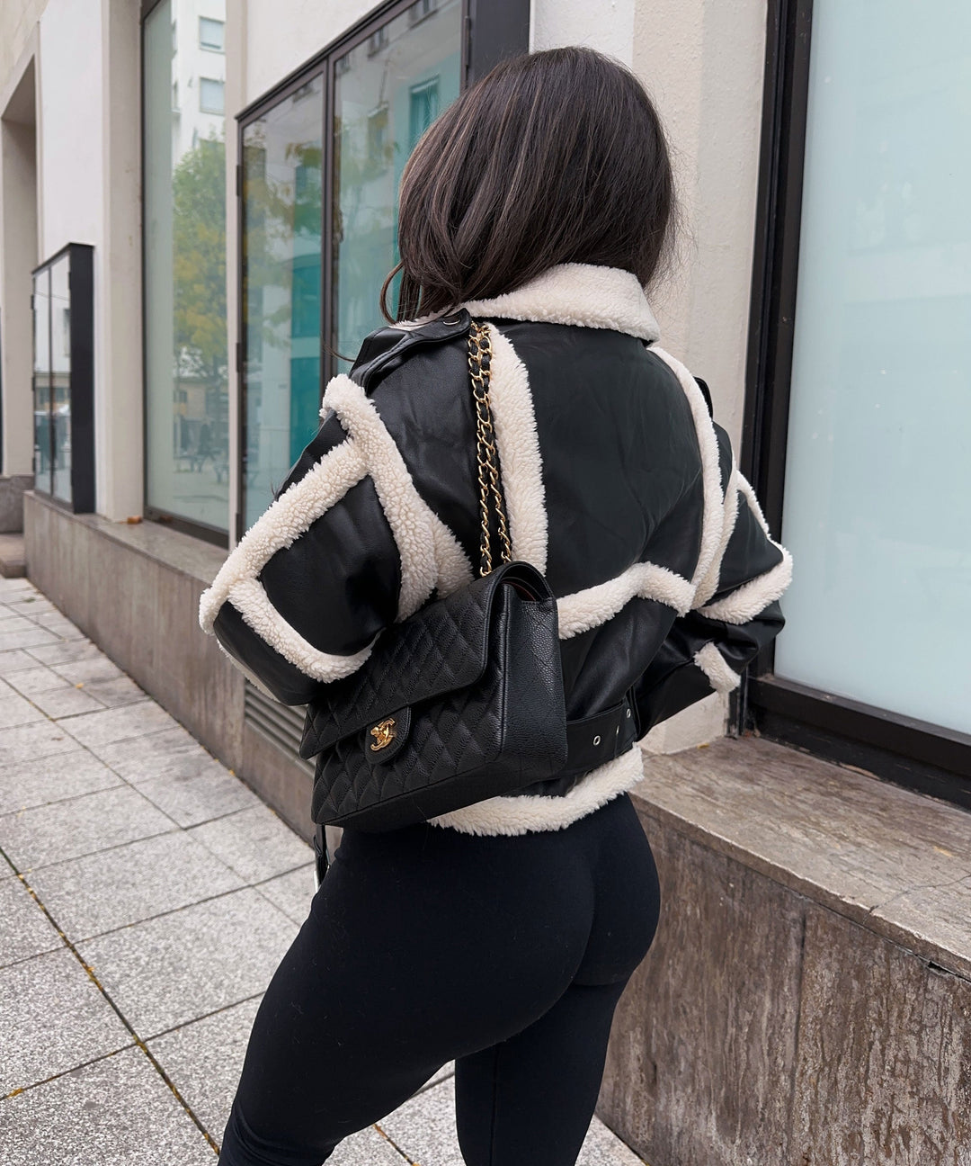 Women’s Faux Leather Aviator Jacket with Shearling Trim