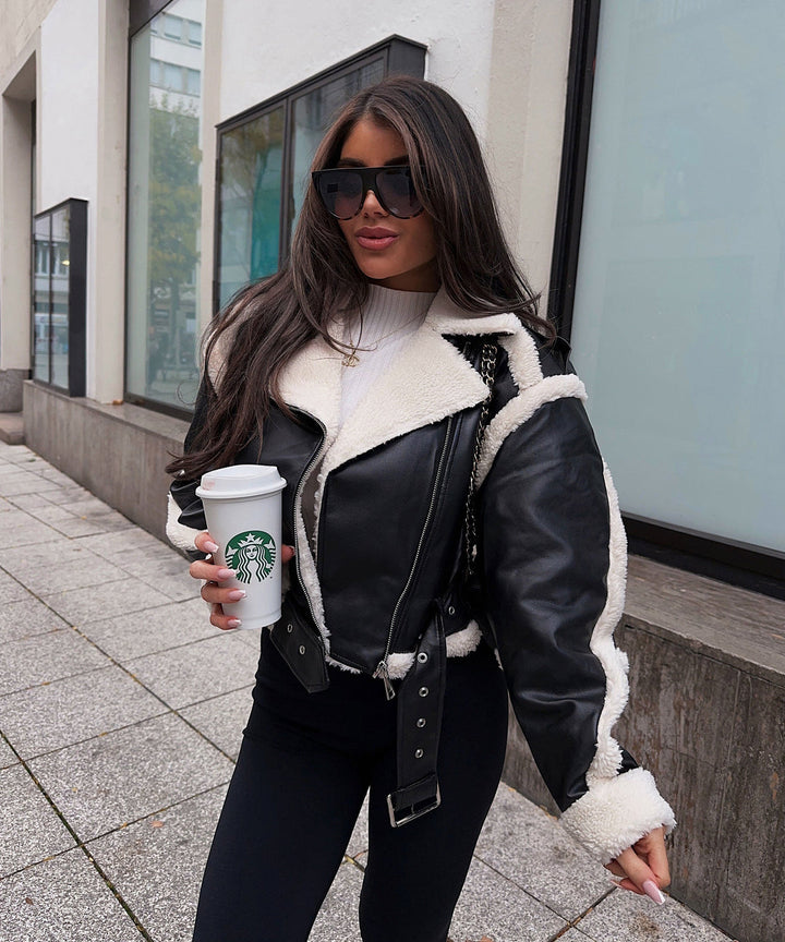 Women’s Faux Leather Aviator Jacket with Shearling Trim