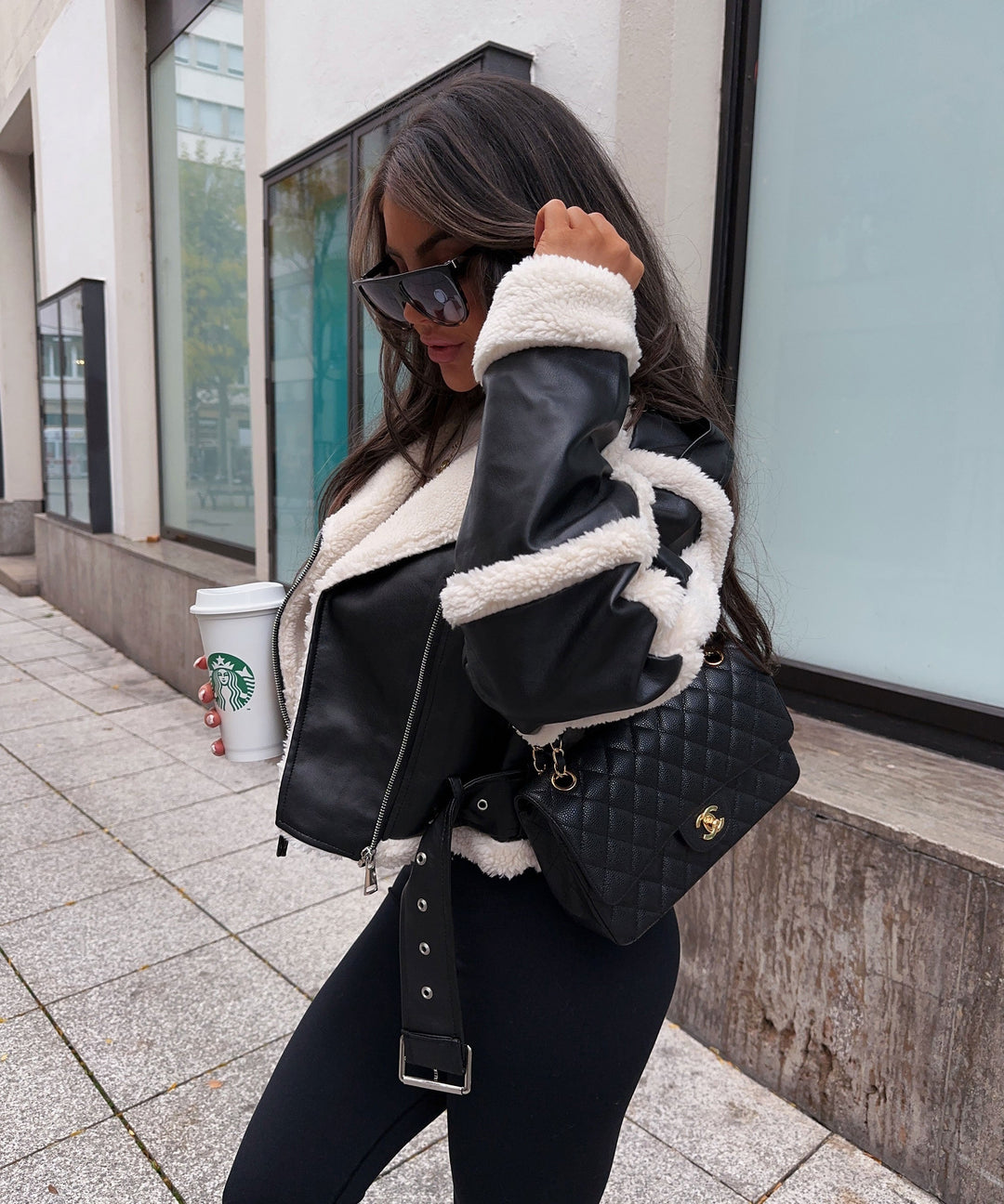 Women’s Faux Leather Aviator Jacket with Shearling Trim