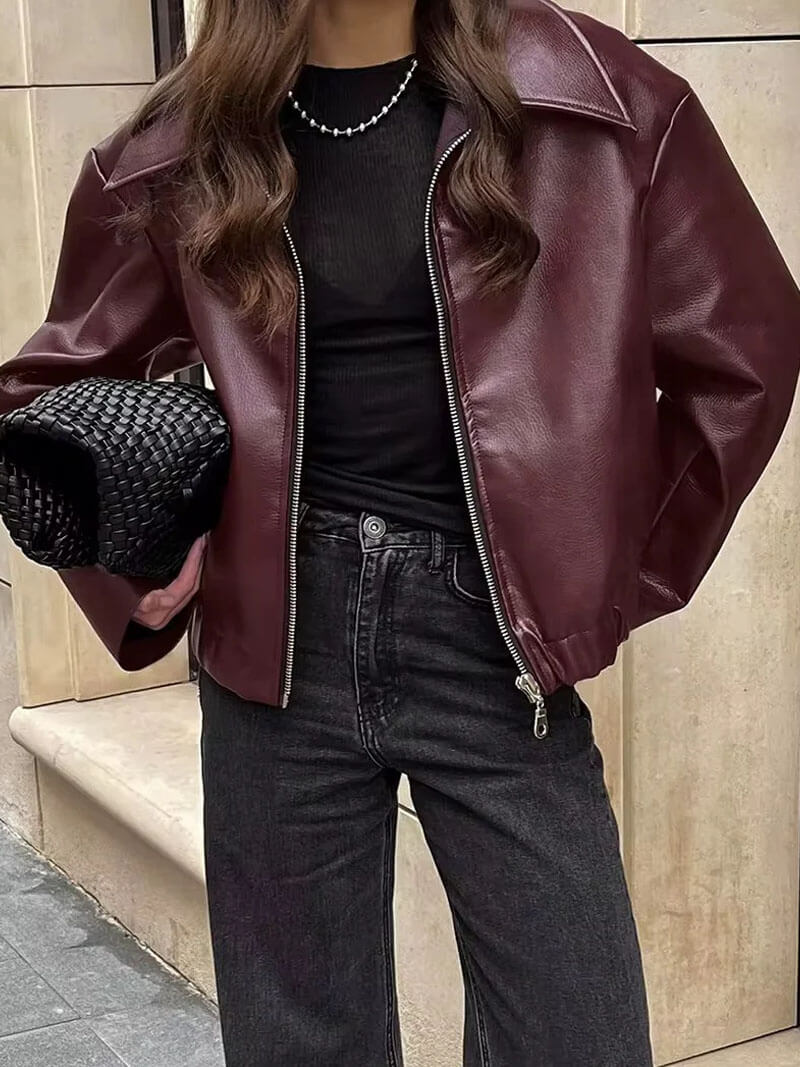 Women’s Faux Leather Jacket with Zip Front and Collar