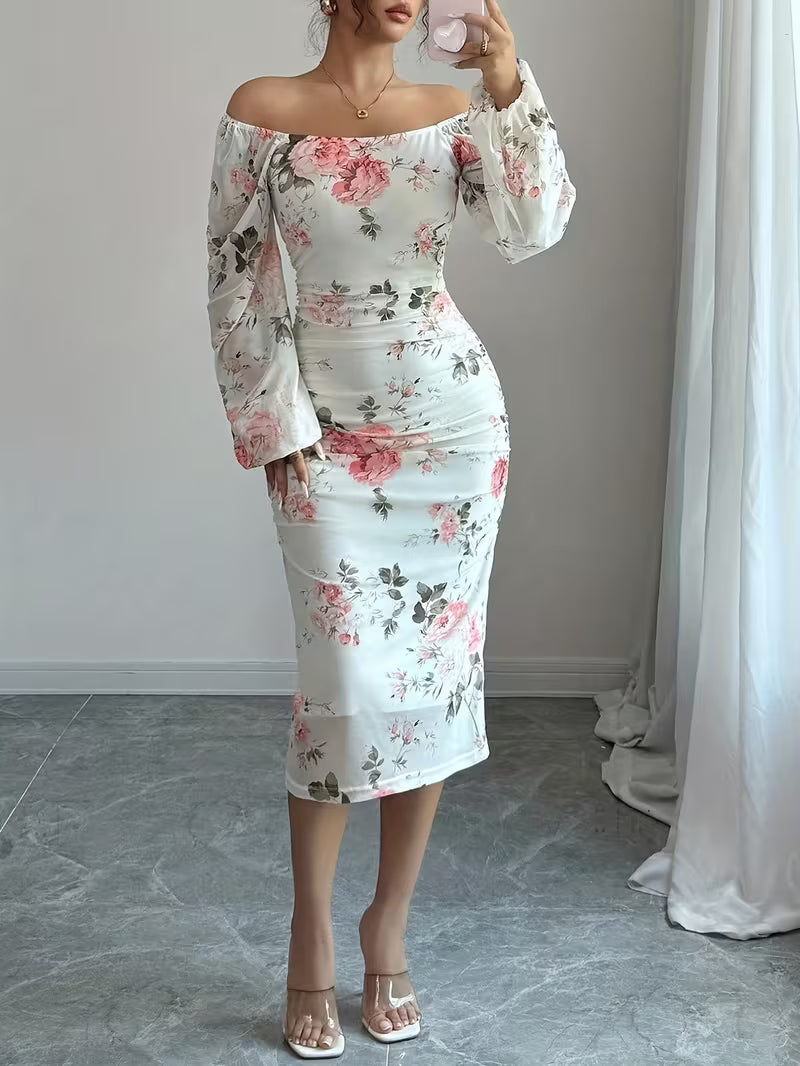 Women’s Floral Print Long Sleeve Midi Dress