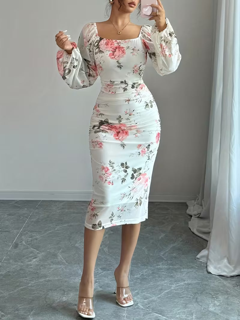 Women’s Floral Print Long Sleeve Midi Dress