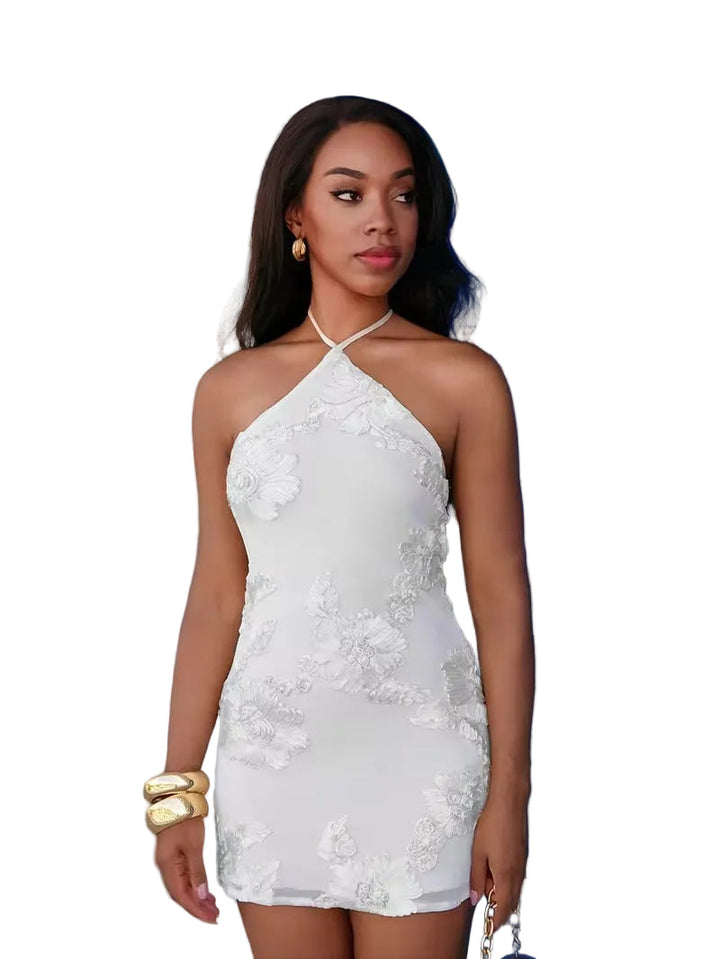 Women’s Halter Neck Floral Applique Mini Dress