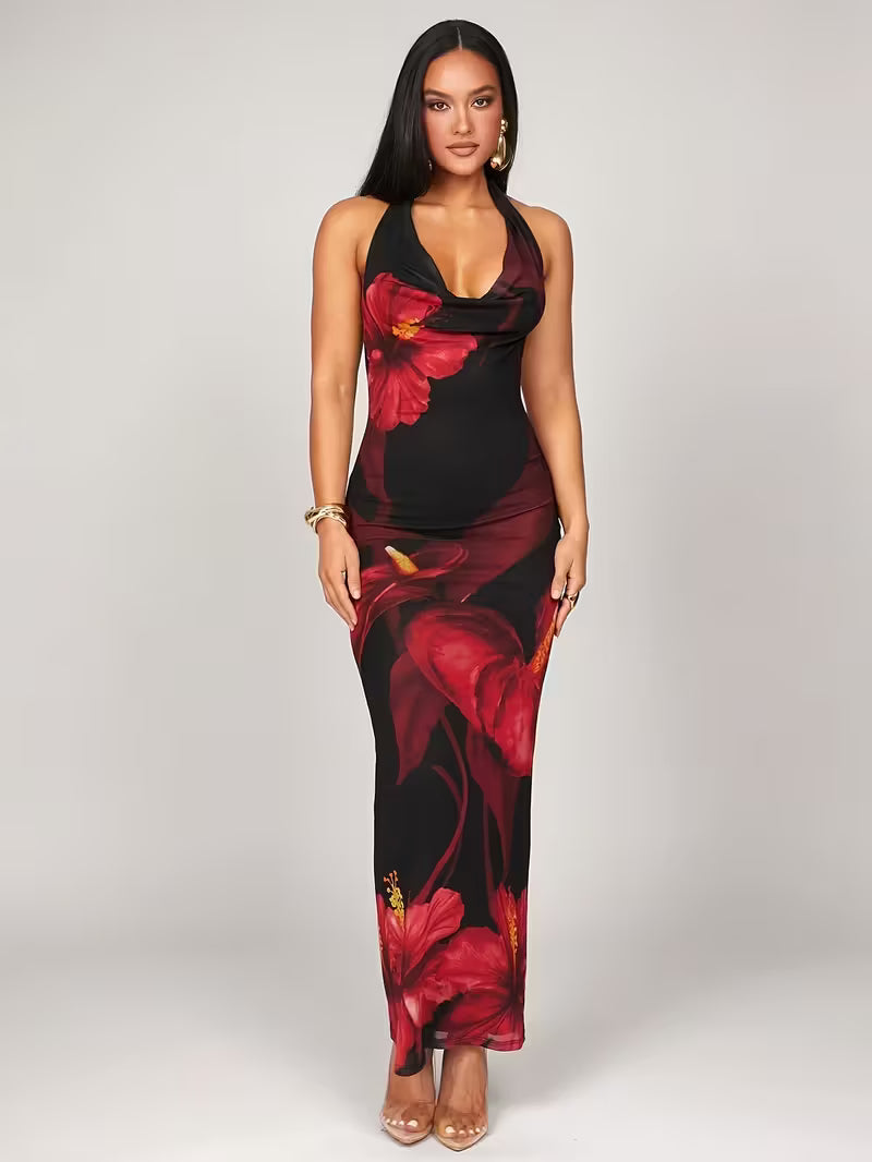 Women’s Halter Neck Maxi Dress with Floral Print