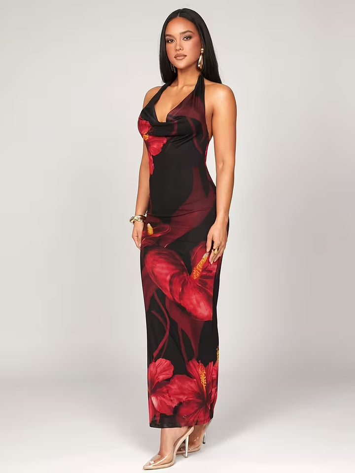Women’s Halter Neck Maxi Dress with Floral Print