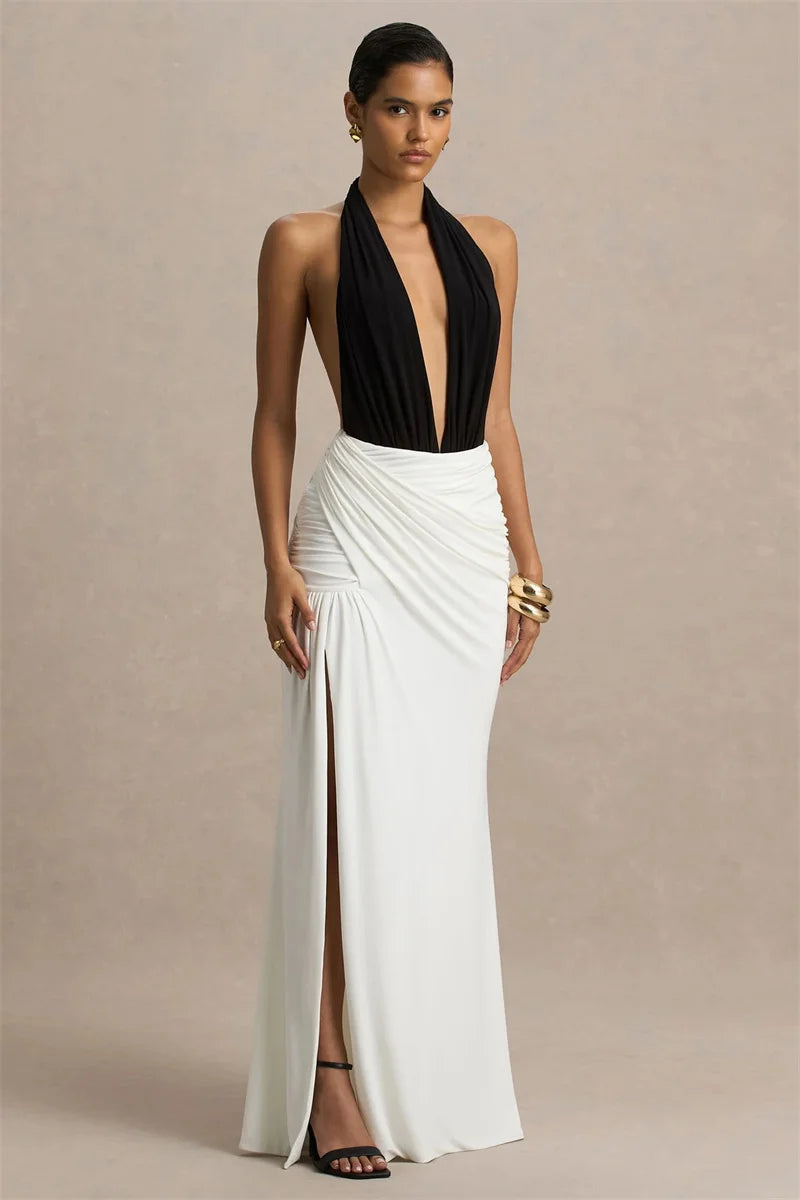 Women’s Halter-Neck Plunge Maxi Dress