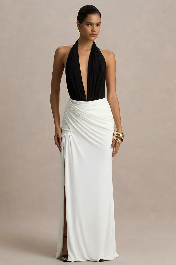 Women’s Halter-Neck Plunge Maxi Dress