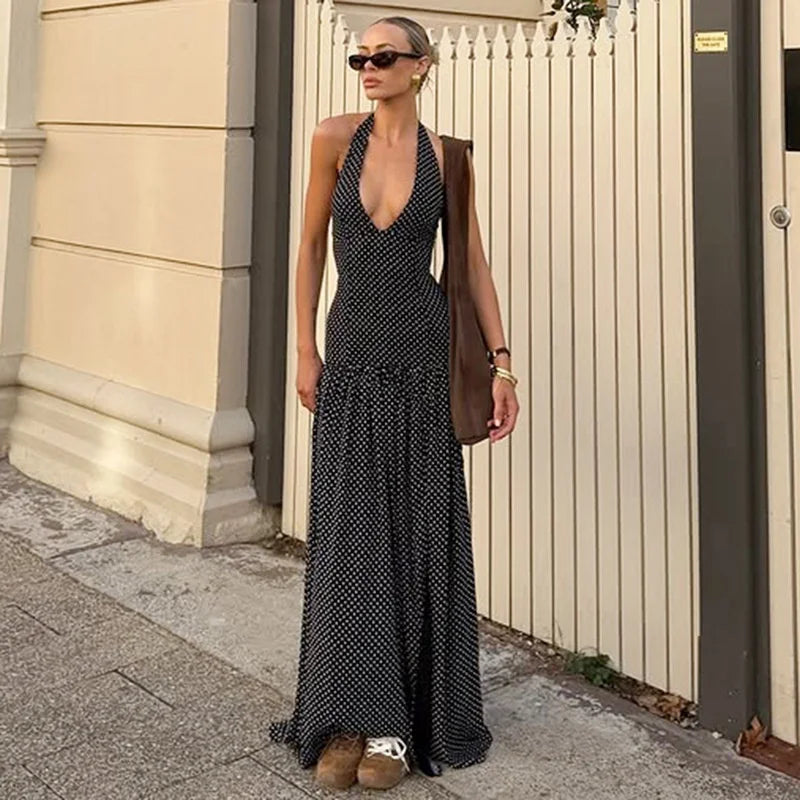 Women’s Halter Neck Polka Dot Maxi Dress with Slit