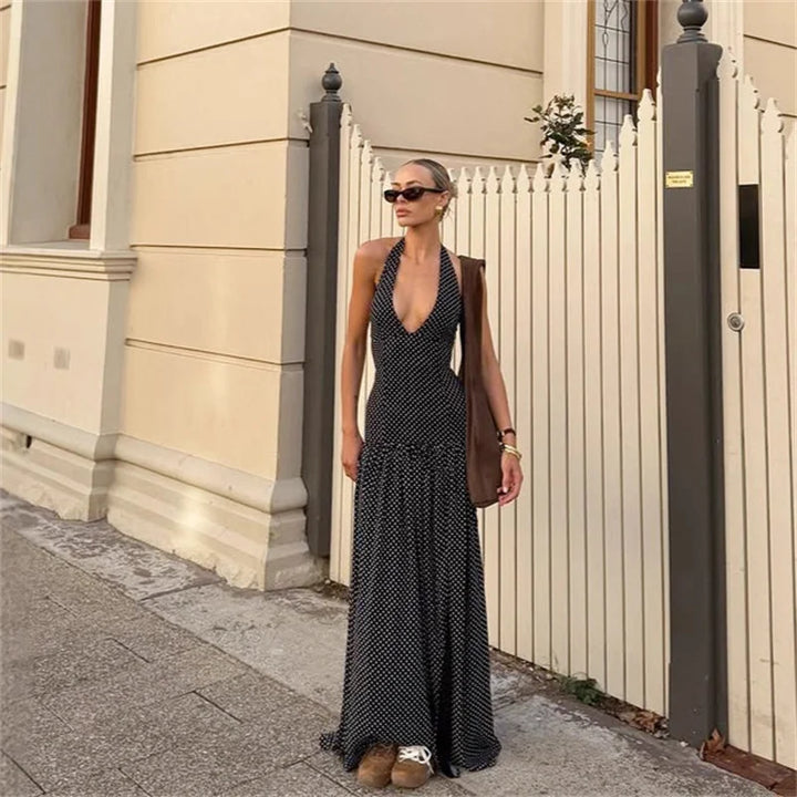 Women’s Halter Neck Polka Dot Maxi Dress with Slit