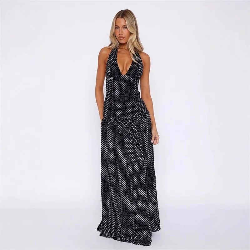 Women’s Halter Neck Polka Dot Maxi Dress with Slit