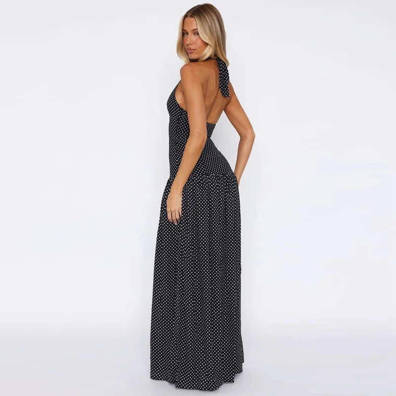 Women’s Halter Neck Polka Dot Maxi Dress with Slit