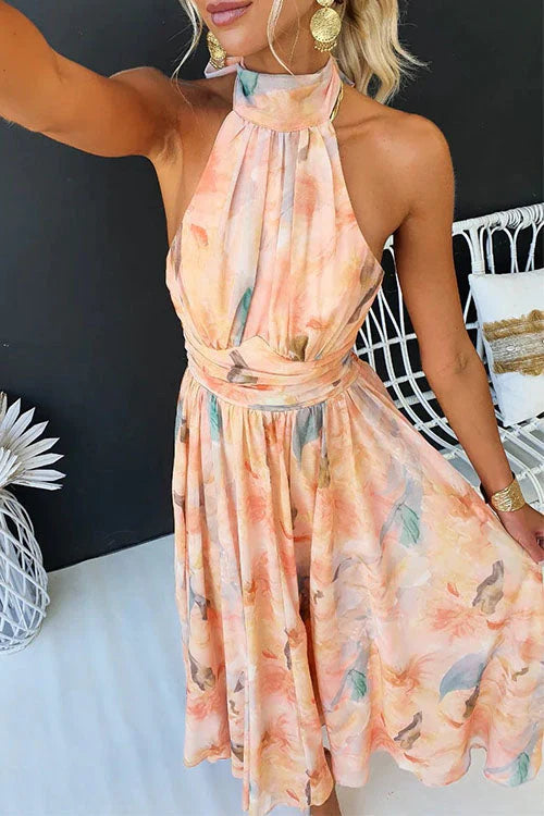 Women’s Halter Neck Printed Midi Dress with Gathered Waist