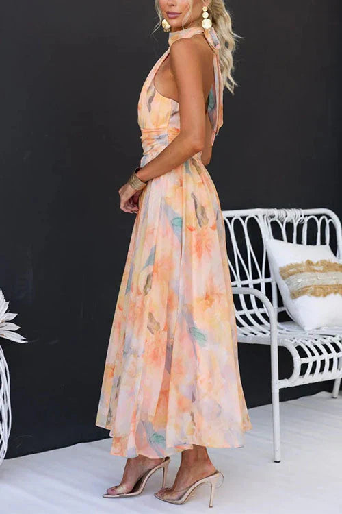 Women’s Halter Neck Printed Midi Dress with Gathered Waist