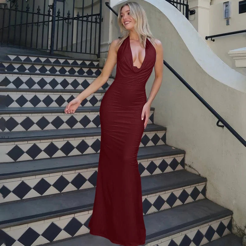 Women’s Halter Neck Ruched Maxi Dress