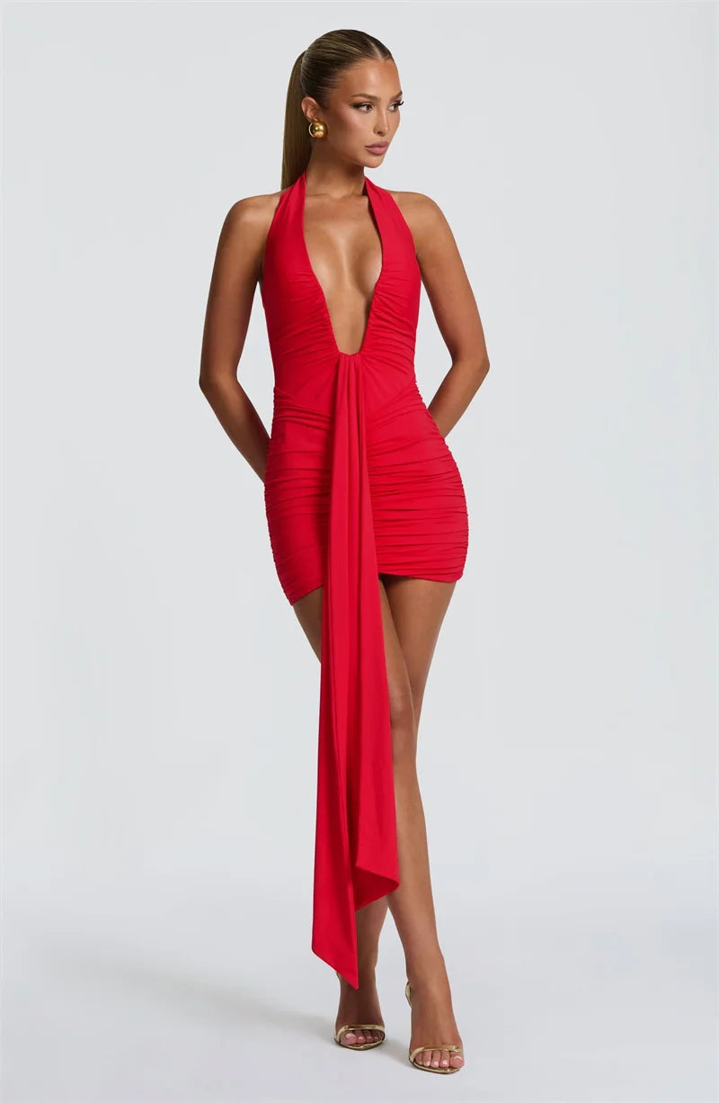 Women’s Halter Neck Ruched Mini Dress with Scarf Detail