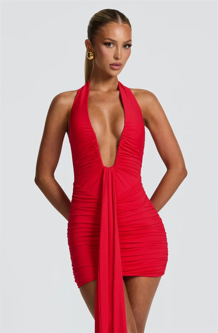 Women’s Halter Neck Ruched Mini Dress with Scarf Detail