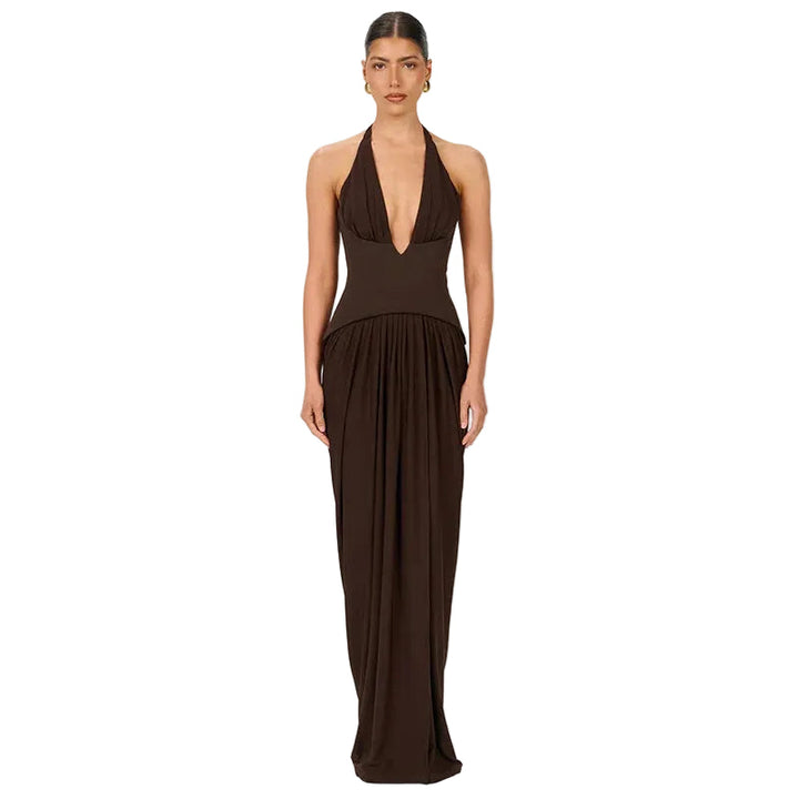 Women’s Halter Plunge Gathered Maxi Dress