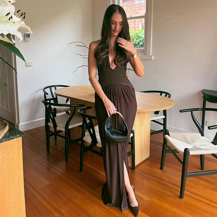 Women’s Halter Plunge Gathered Maxi Dress