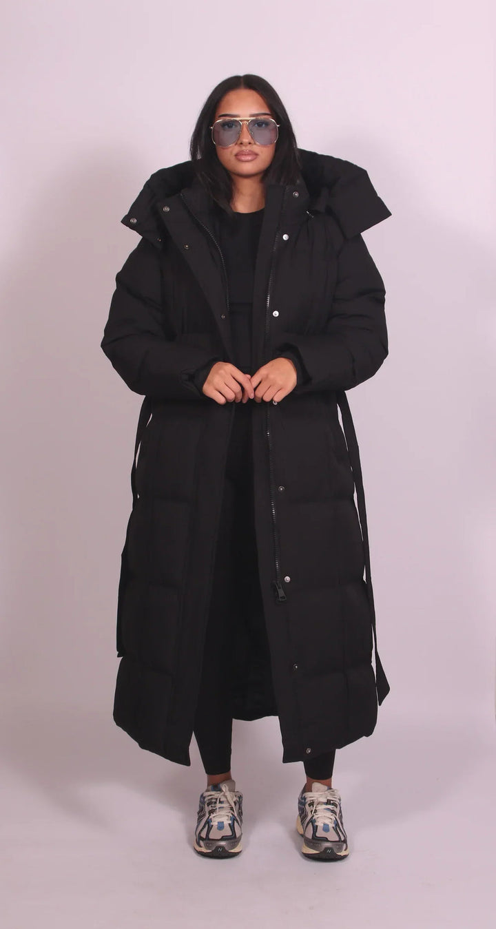Women’s Hooded Long Puffer Coat with Waist Tie