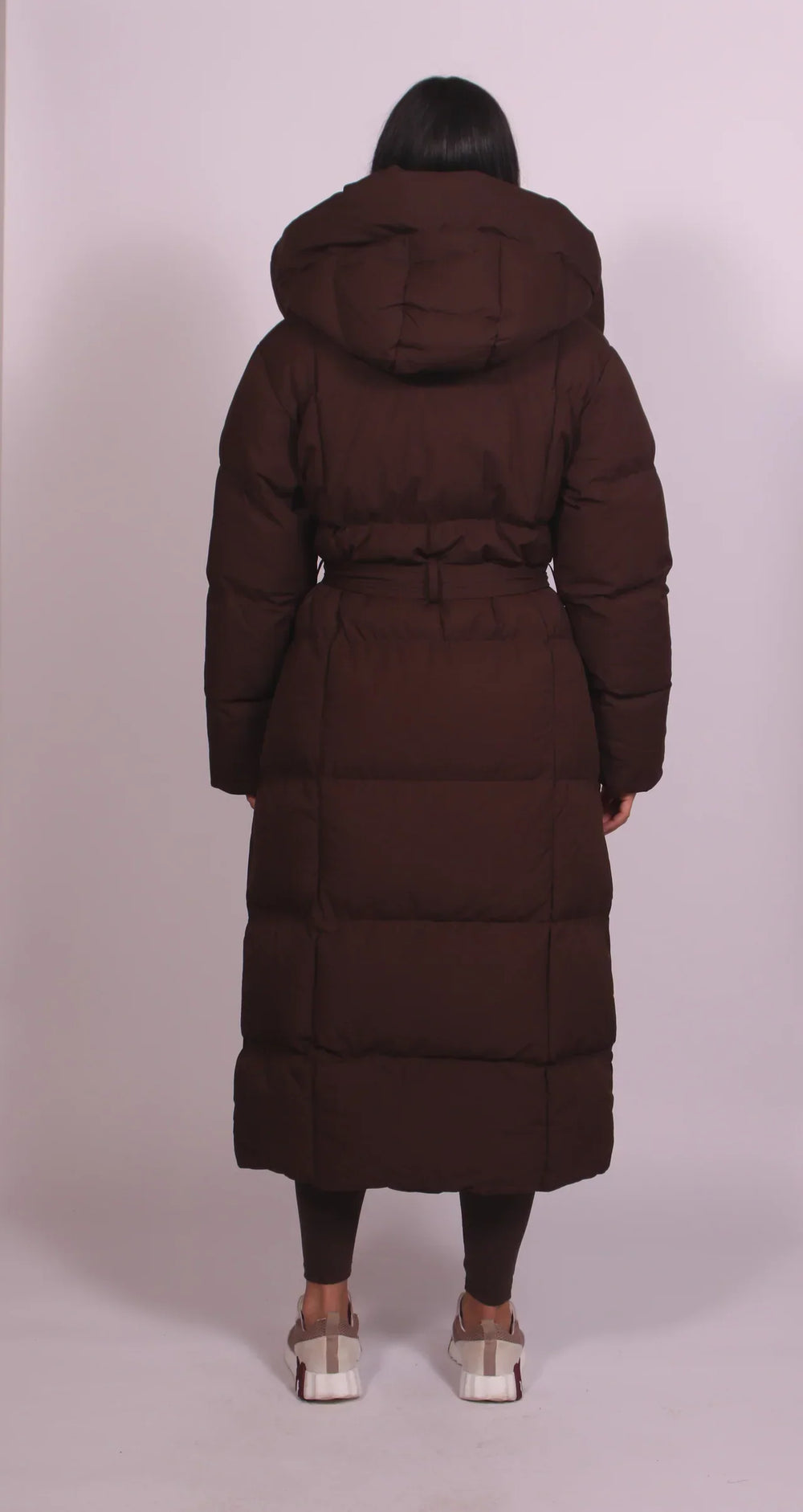 Women’s Hooded Long Puffer Coat with Waist Tie