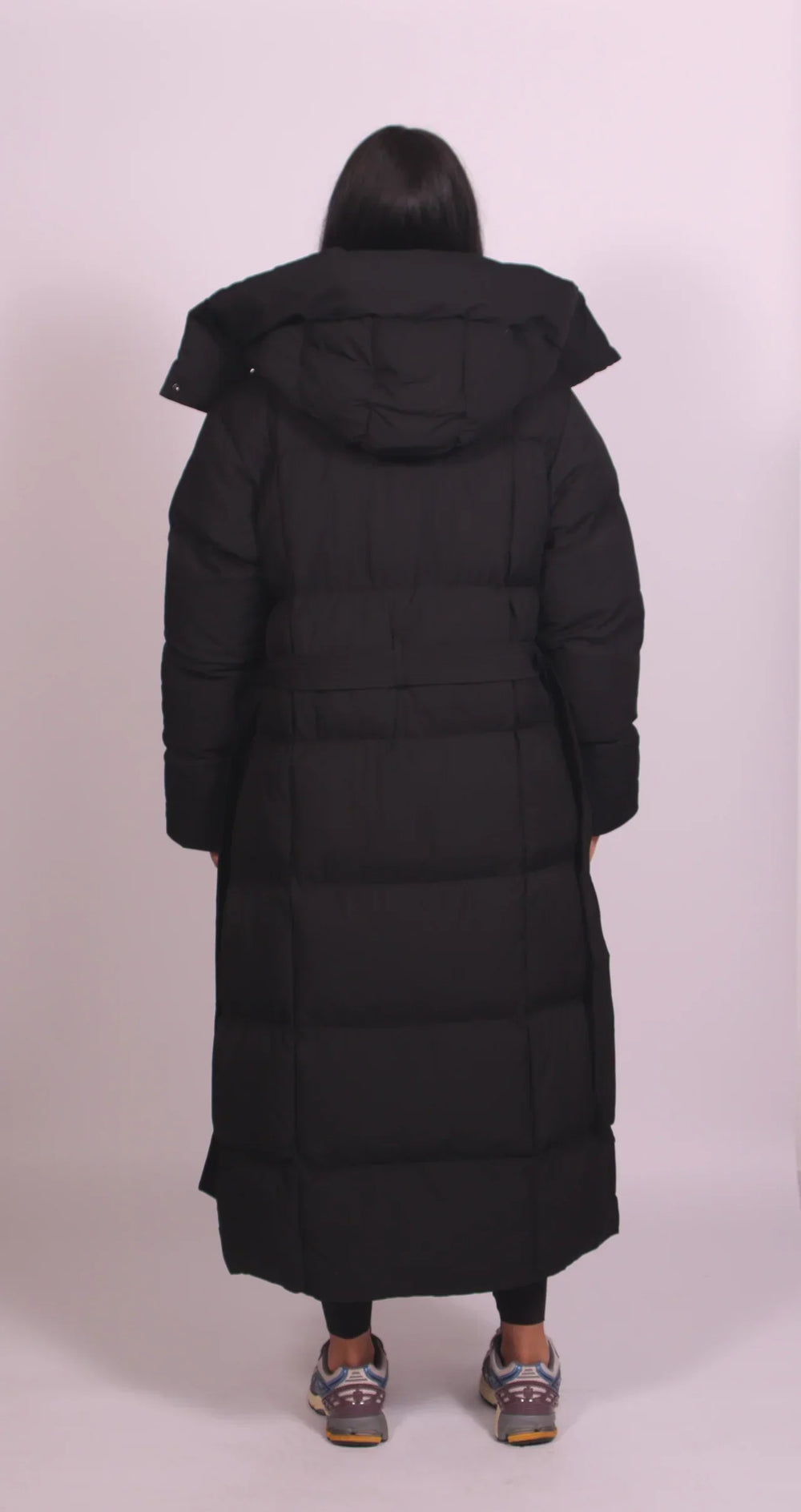 Women’s Hooded Long Puffer Coat with Waist Tie