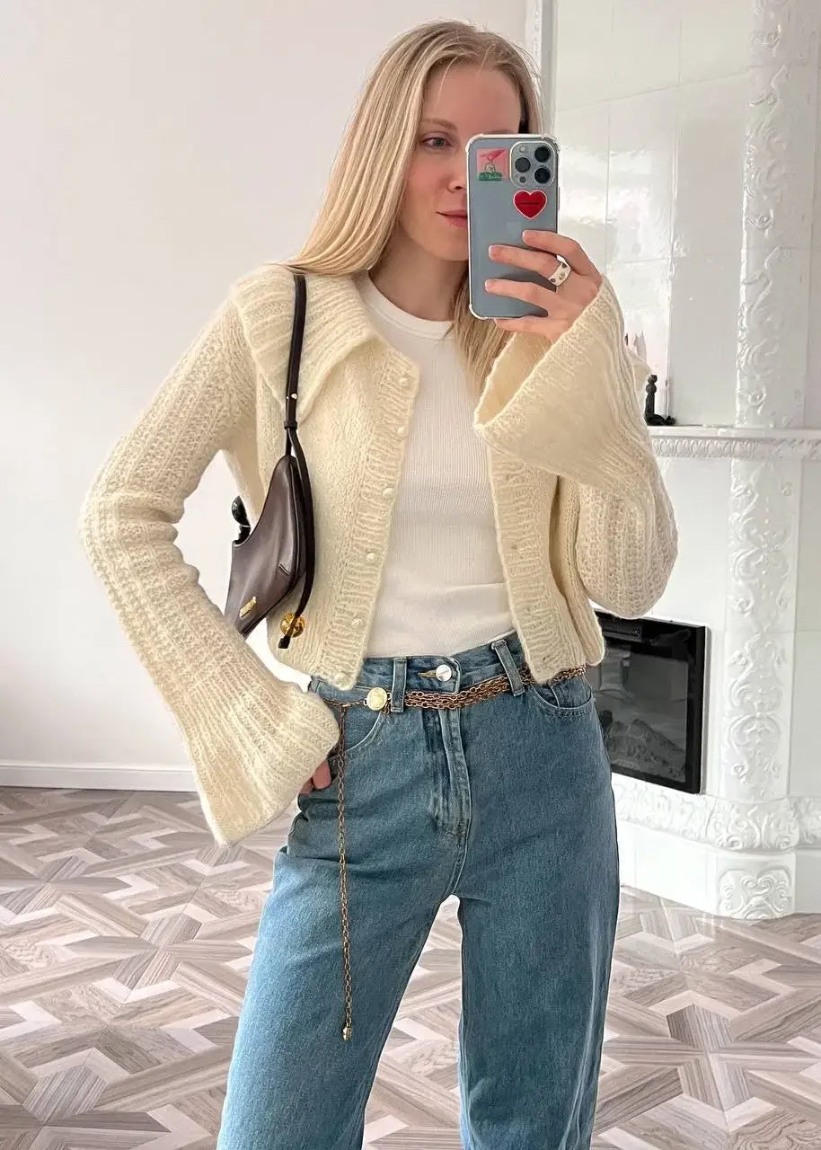 Women’s Knit Button Front Cardigan with Ribbed Collar