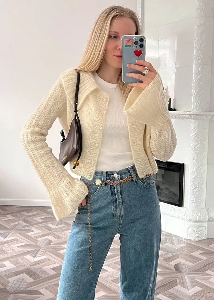 Women’s Knit Button Front Cardigan with Ribbed Collar