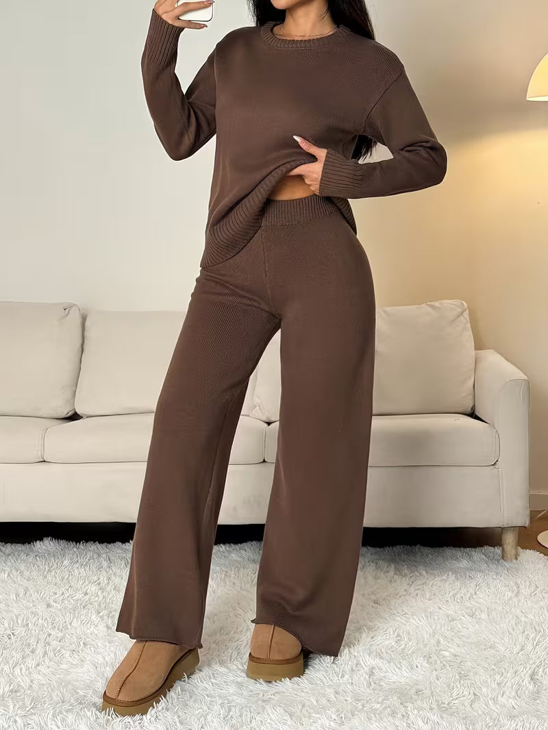 Women’s Knit Long Sleeve Top and Wide Leg Trousers Set