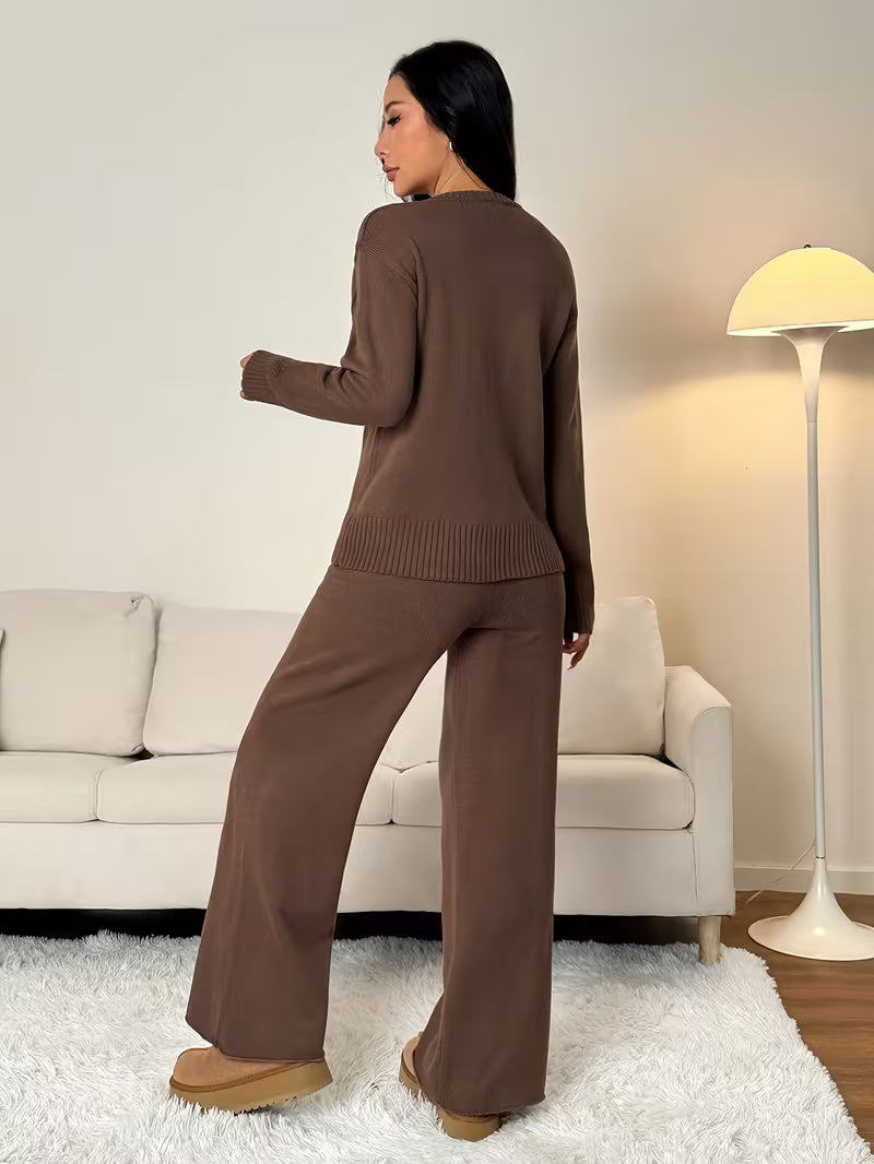 Women’s Knit Long Sleeve Top and Wide Leg Trousers Set