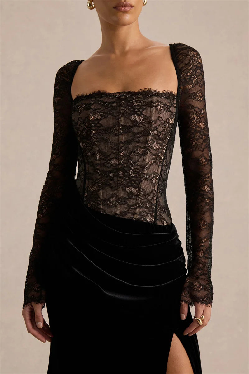 Women’s Lace Bodice Velvet Maxi Dress