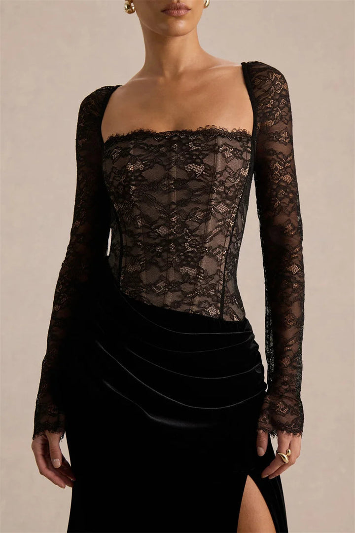 Women’s Lace Bodice Velvet Maxi Dress