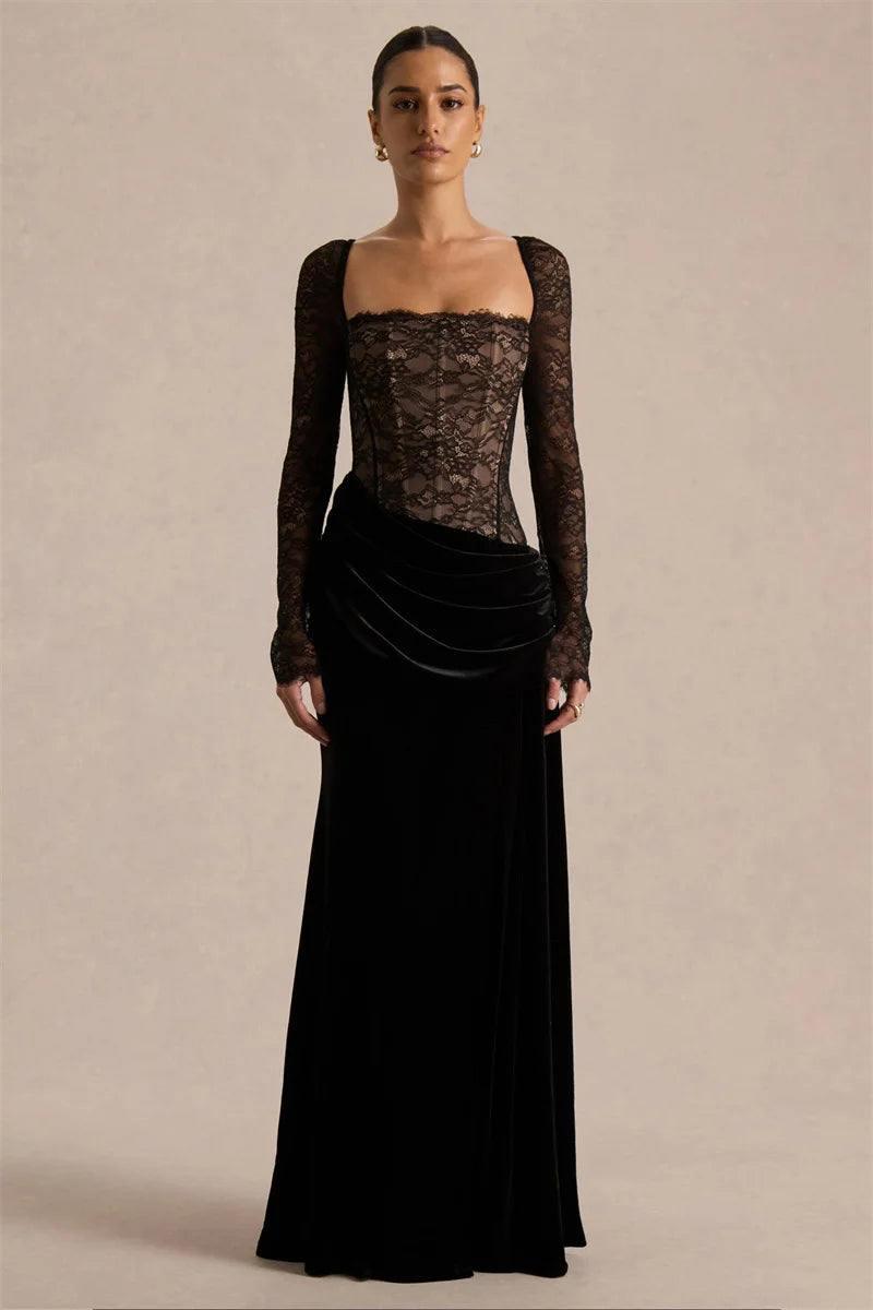 Women’s Lace Bodice Velvet Maxi Dress