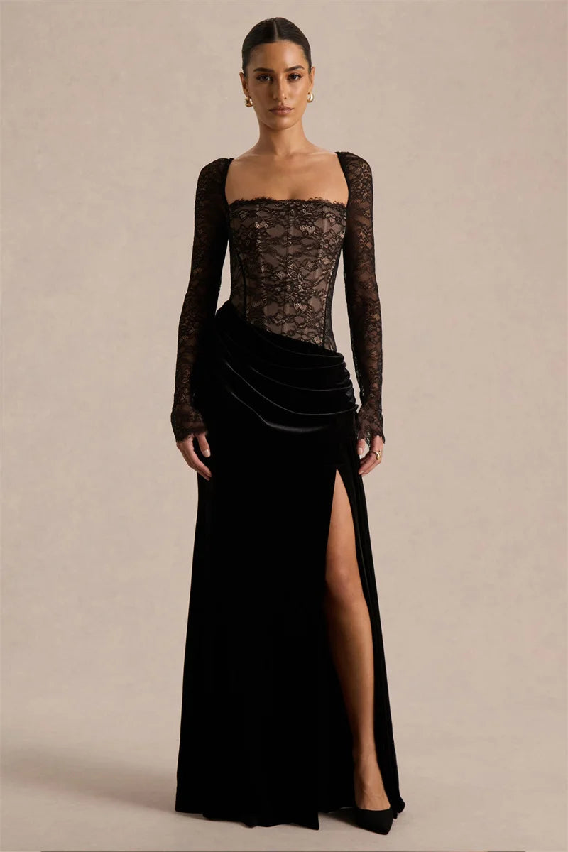 Women’s Lace Bodice Velvet Maxi Dress