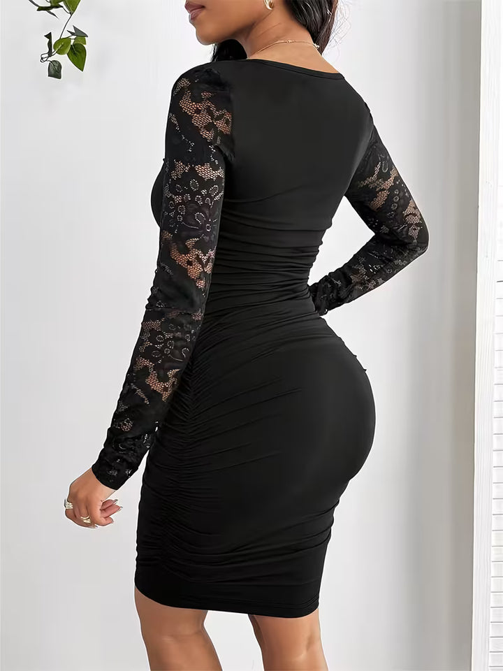 Women’s Lace Sleeve Ruched Mini Bodycon Dress