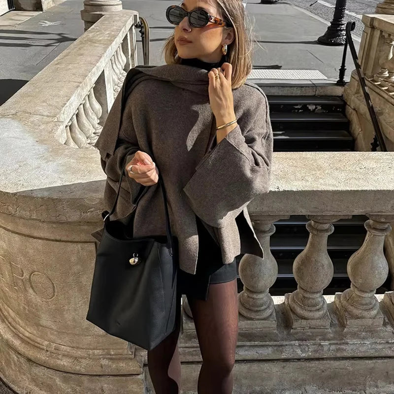 Women’s Layered Poncho Style Knit Top with Button Detail