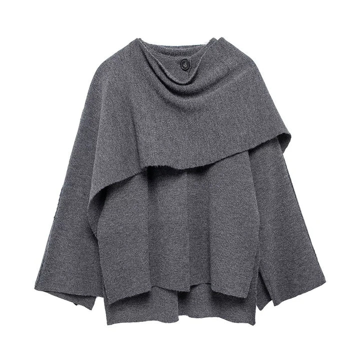 Women’s Layered Poncho Style Knit Top with Button Detail