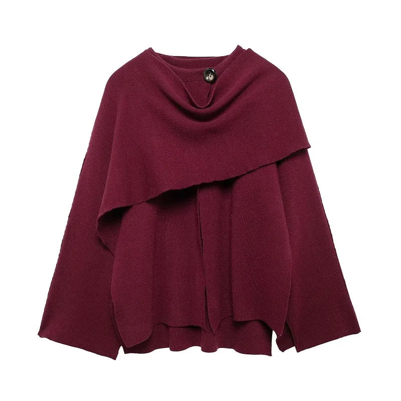 Women’s Layered Poncho Style Knit Top with Button Detail