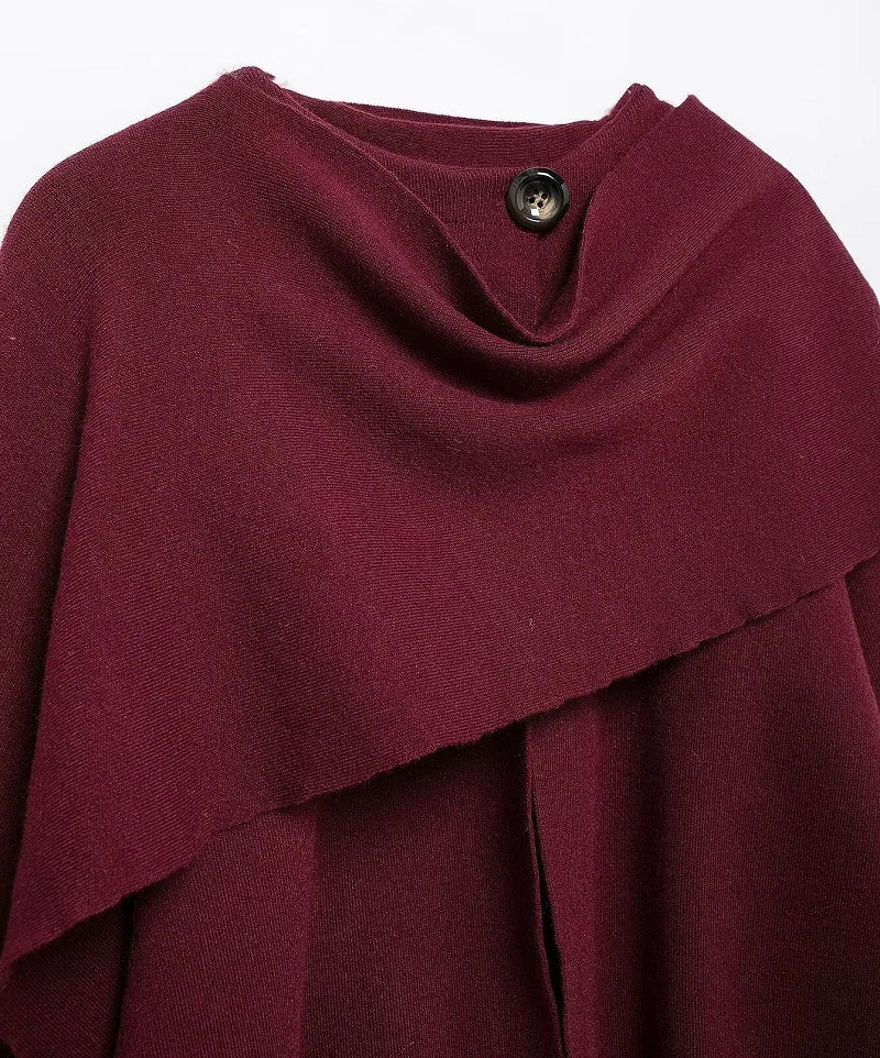 Women’s Layered Poncho Style Knit Top with Button Detail