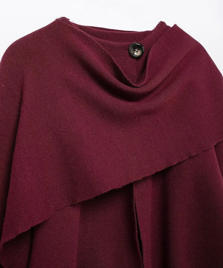 Women’s Layered Poncho Style Knit Top with Button Detail