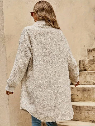 Women’s Long Button Front Teddy Coat with Collar