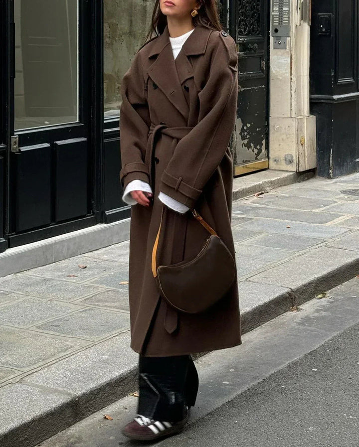 Women’s Long Double-Breasted Belted Coat with Lapels