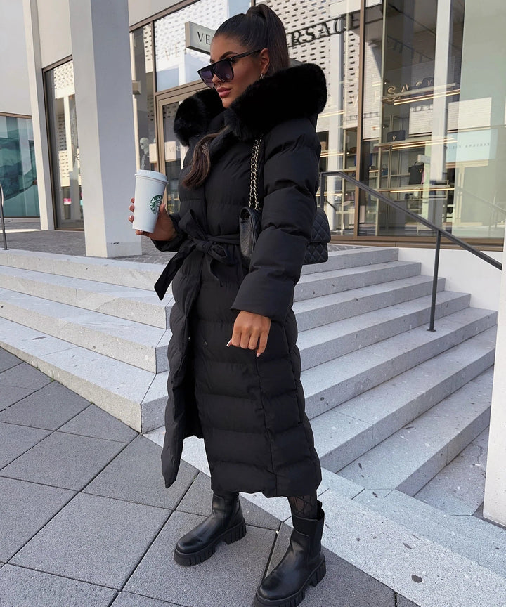 Women’s Long Puffer Coat with Hood and Waist Belt