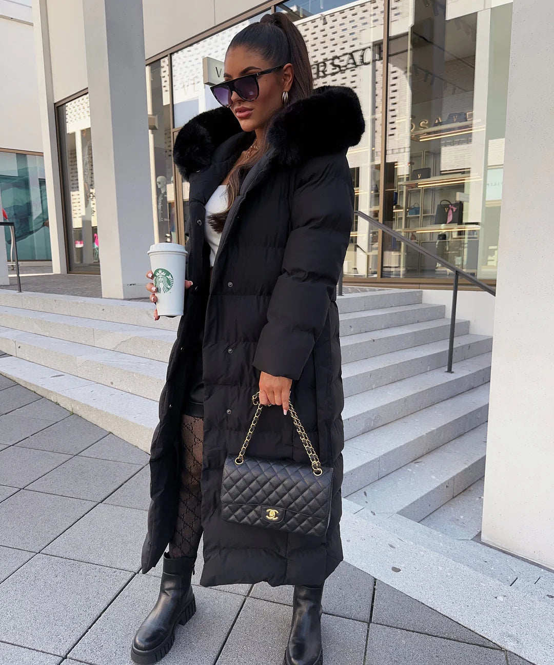 Women’s Long Puffer Coat with Hood and Waist Belt