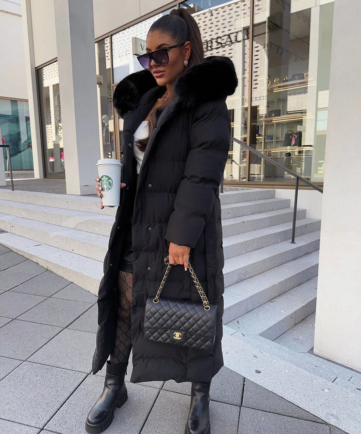 Women’s Long Puffer Coat with Hood and Waist Belt