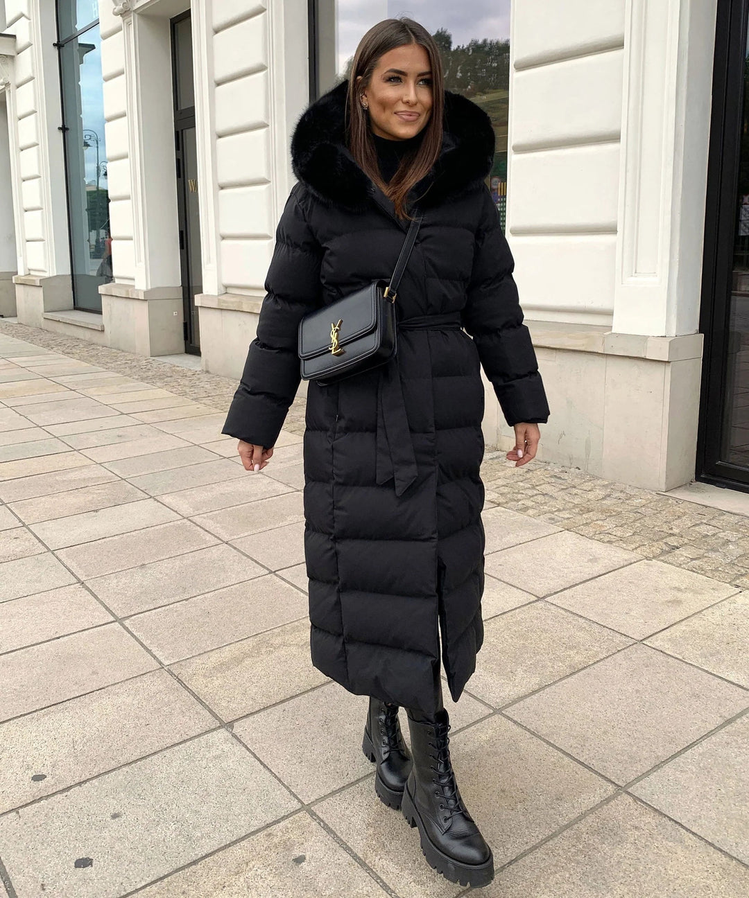 Women’s Long Puffer Coat with Hood and Waist Belt