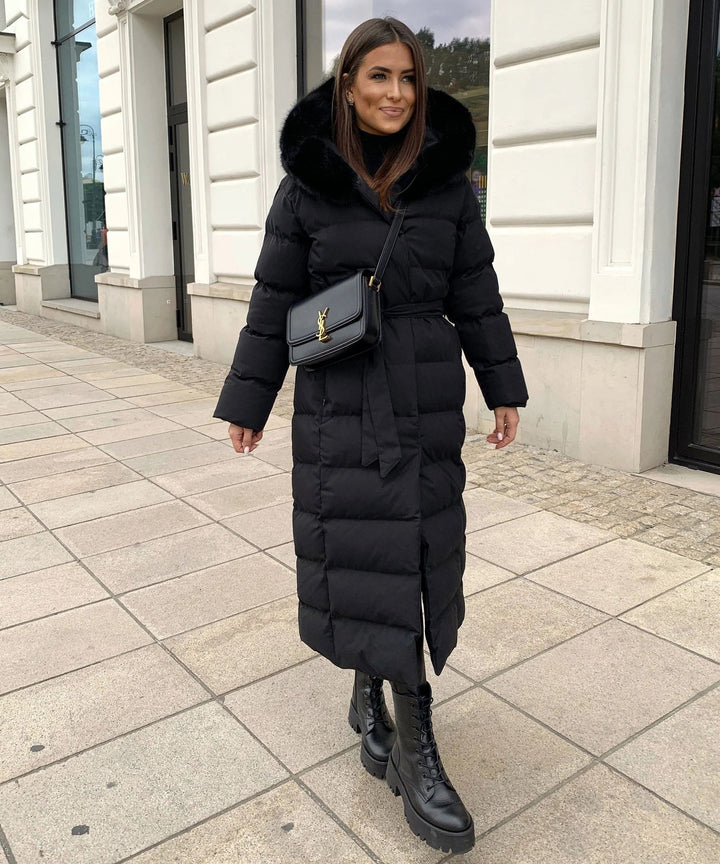 Women’s Long Puffer Coat with Hood and Waist Belt