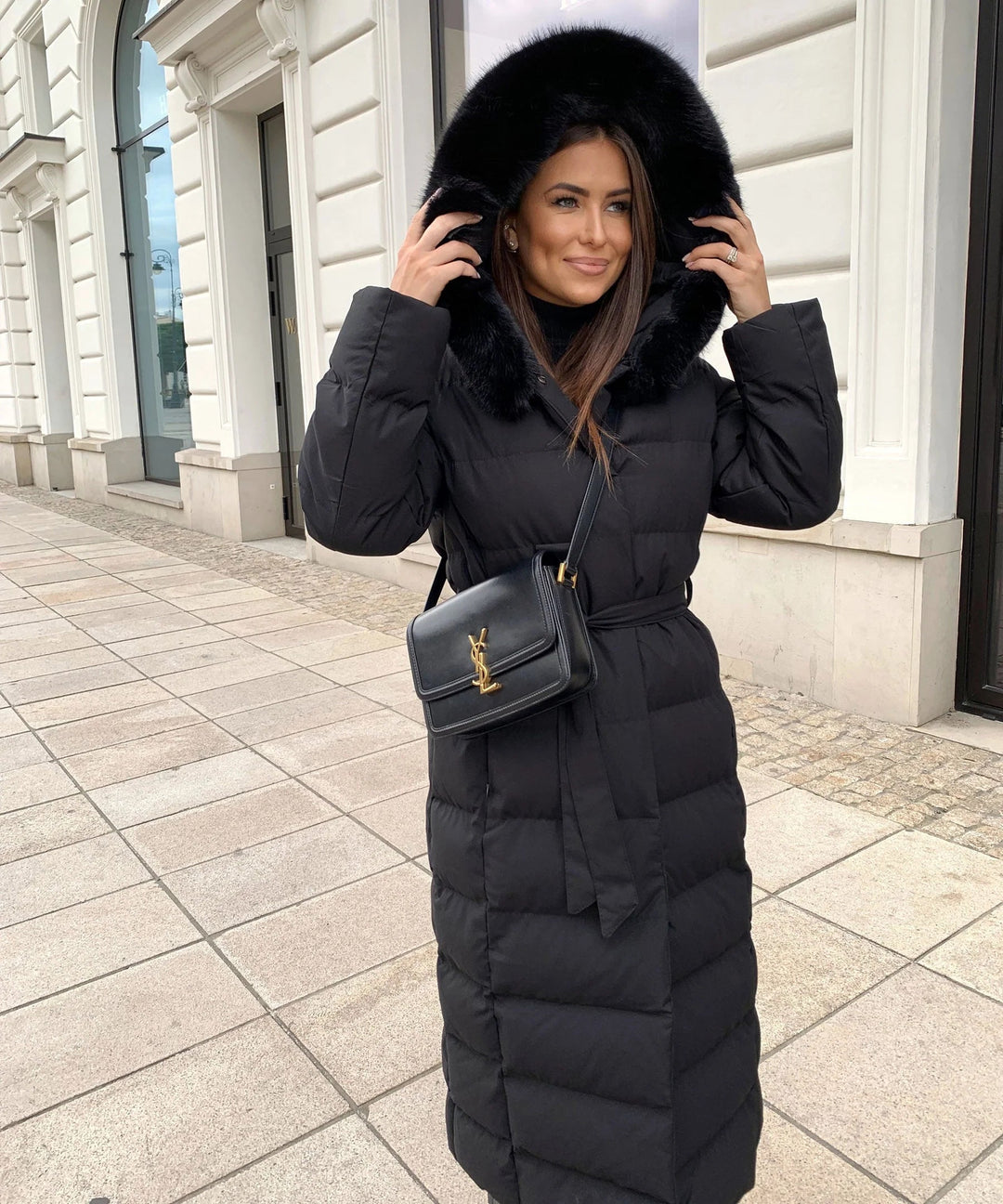 Women’s Long Puffer Coat with Hood and Waist Belt