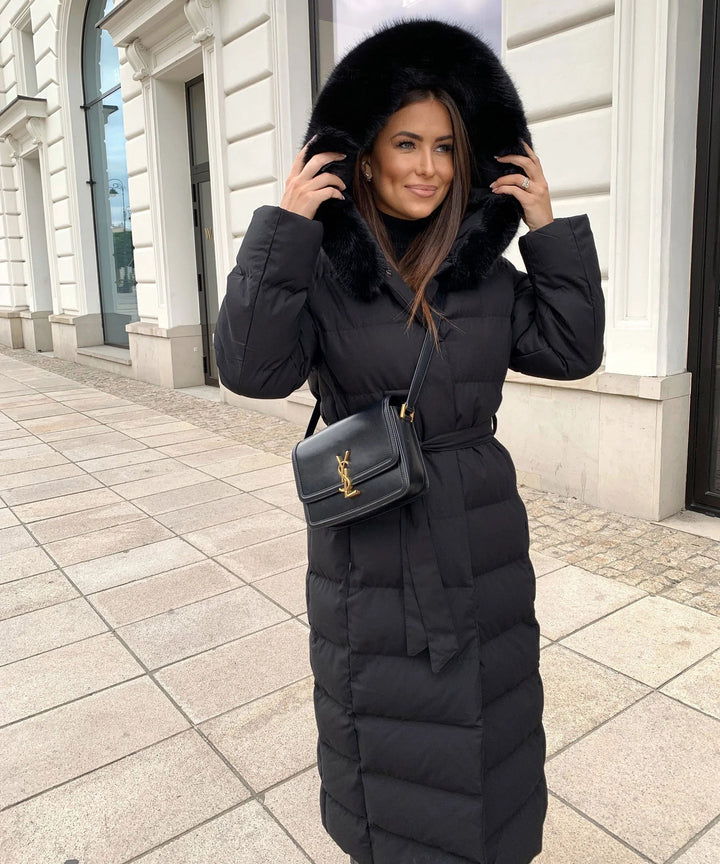 Women’s Long Puffer Coat with Hood and Waist Belt
